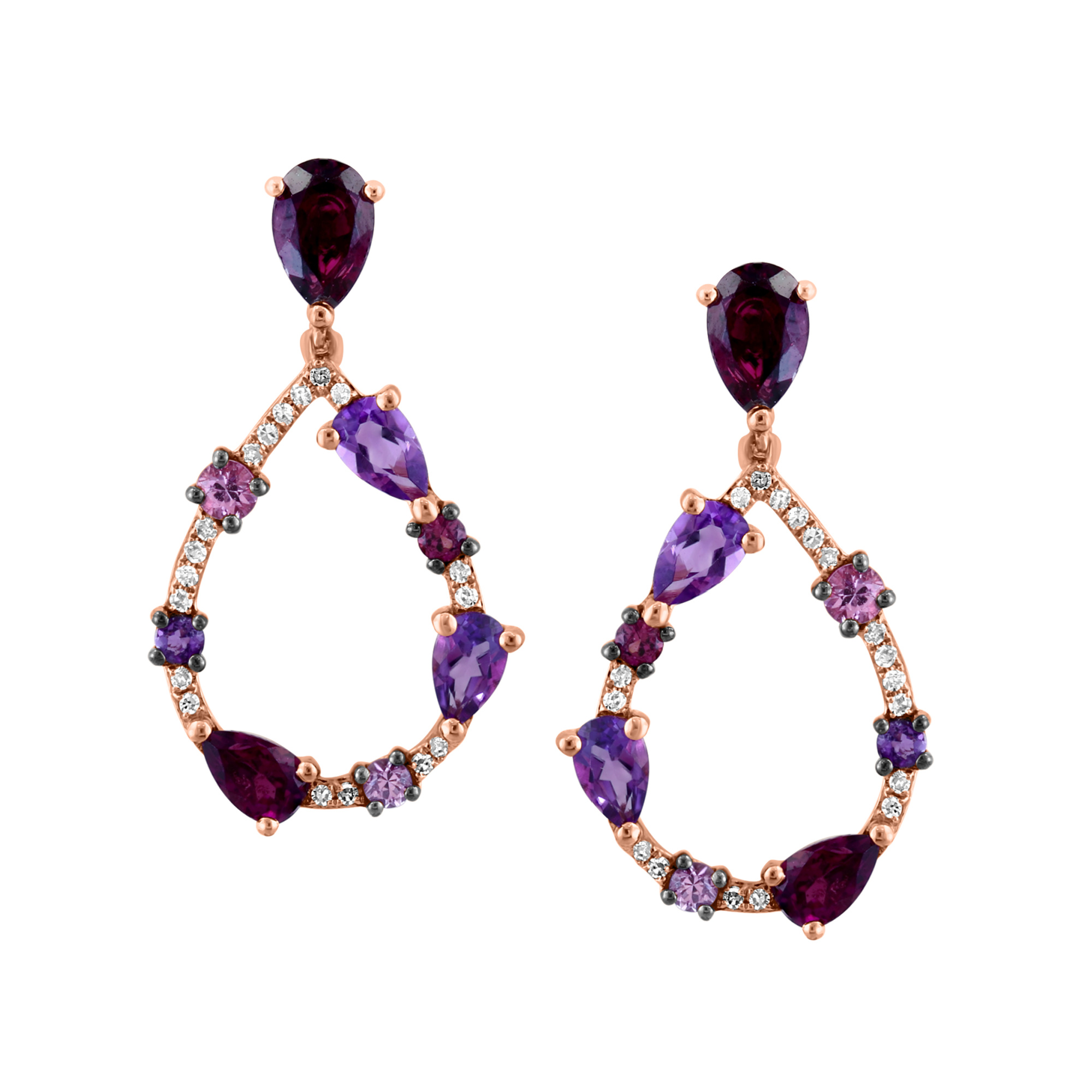 Pink Sapphire, Amethyst, and Rhodolite Earrings with Diamond